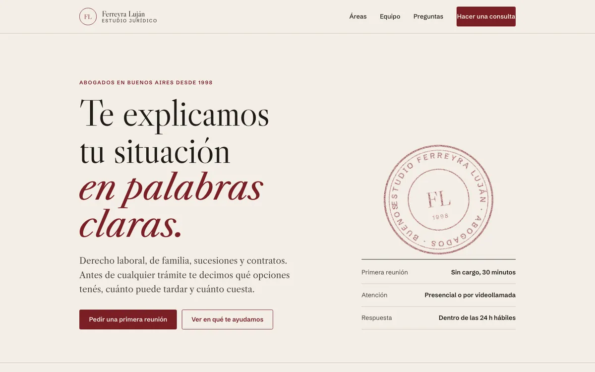 Portada del Estudio Ferreyra Luján: título en letra con serifa, sello del estudio y datos de la primera reunión