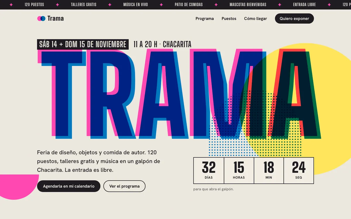 Portada de la landing de Trama: la palabra TRAMA gigante en rosa y azul superpuestos, la fecha y una cuenta regresiva