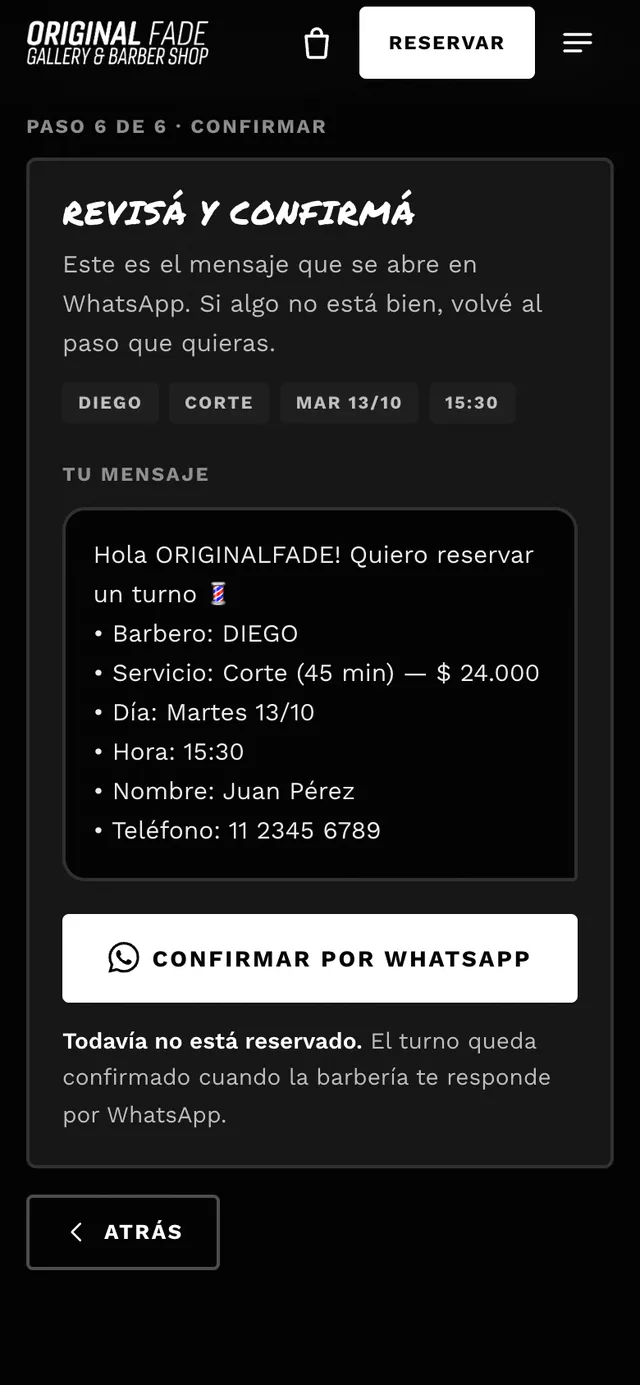 Último paso: el mensaje de WhatsApp ya armado con barbero, servicio, día, hora, nombre y teléfono