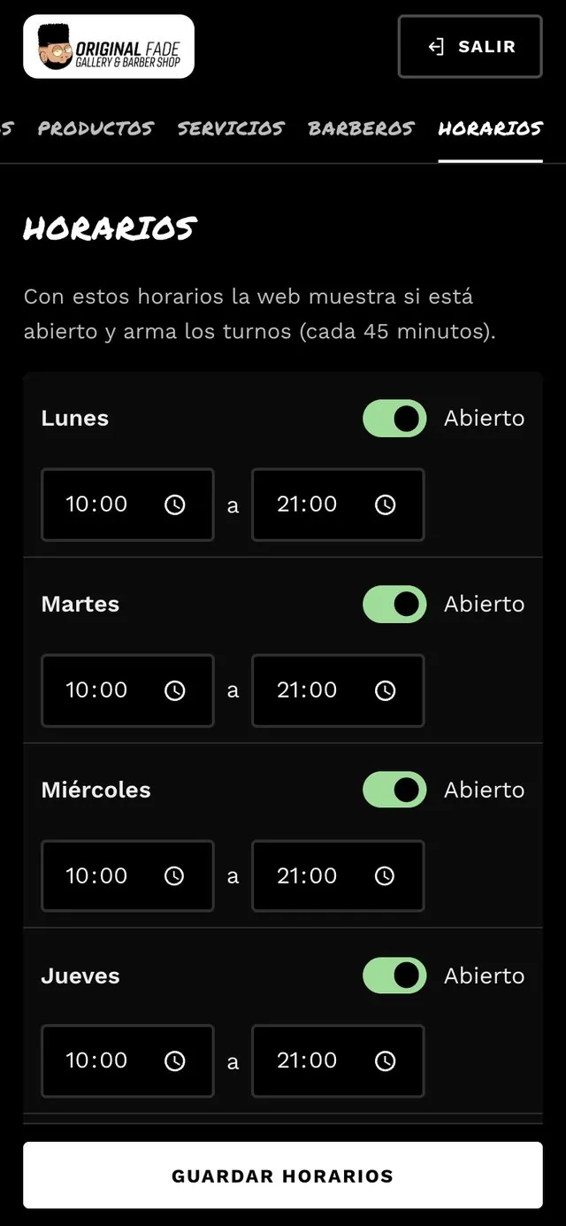 Panel: horario de apertura y cierre de cada día con interruptor Abierto