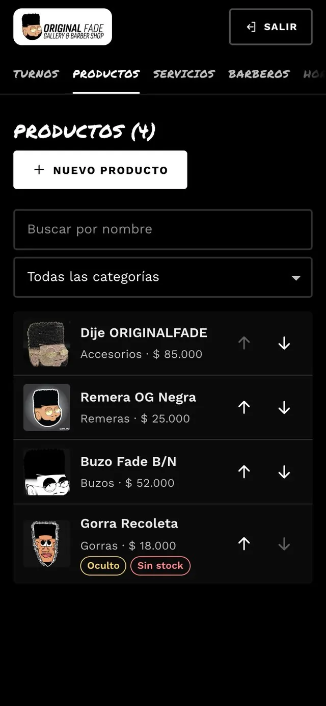 Panel: lista de productos con buscador, orden y etiquetas Oculto y Sin stock