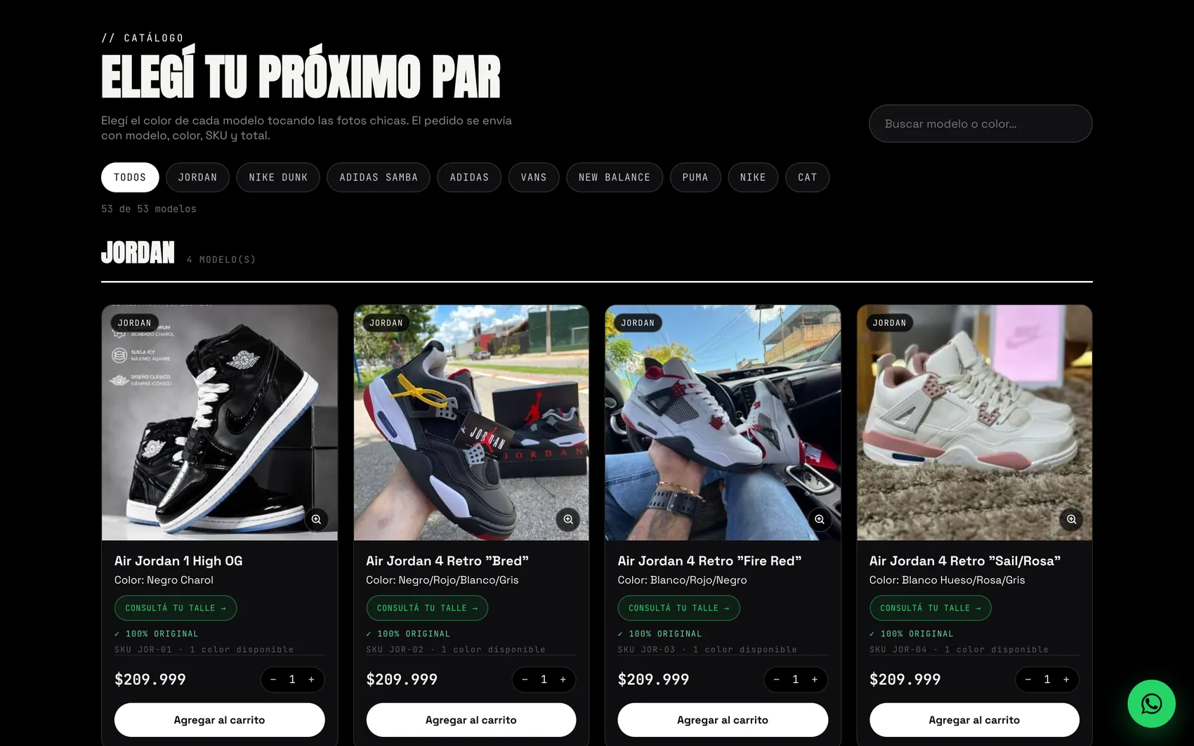 Catálogo de TZ Import en computadora, con filtros por marca y las fichas de los modelos Jordan