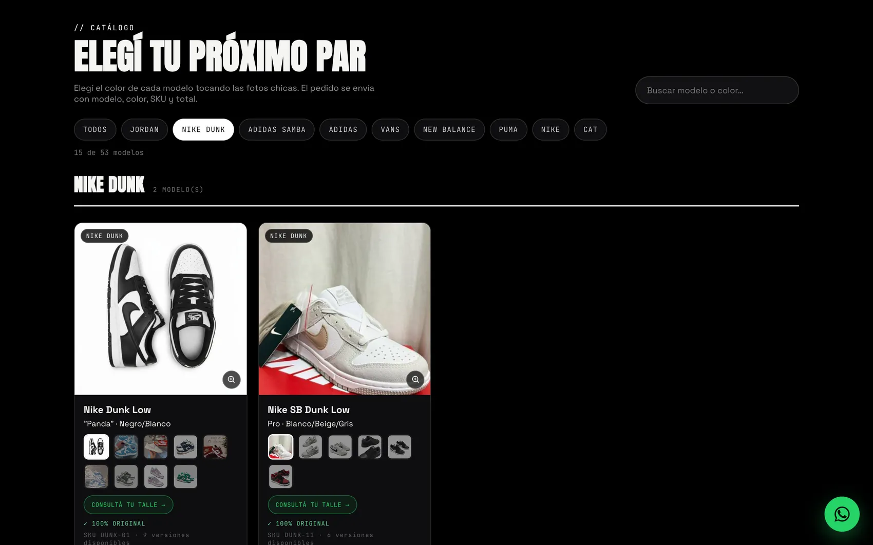 Catálogo filtrado por Nike Dunk, con las versiones de color de cada modelo en miniaturas